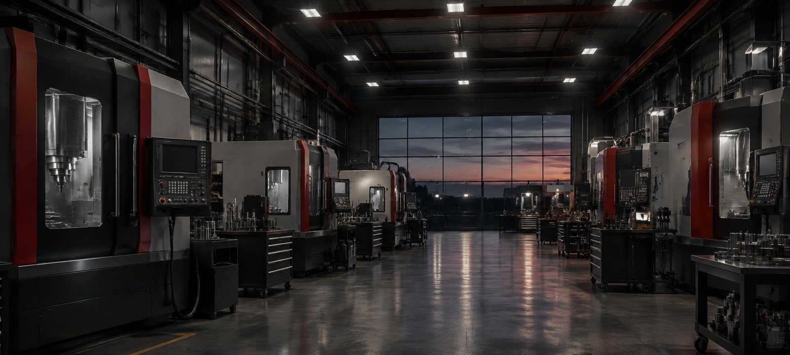 Modern machine shop floor with CNC machining centers